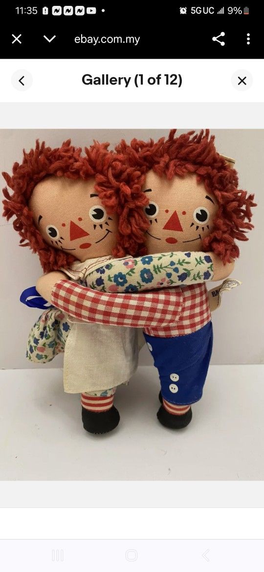 Original 1960's Vintage Knickerbocker Raggedy Ann & Andy Huggers Hugging Dolls