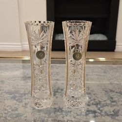 Two Brand New Hand Cut Crystal Vases with Intricate Gold Design. Made In Italy.