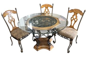 Glass Top Dining Table With 3 Matching Upholstered Chairs