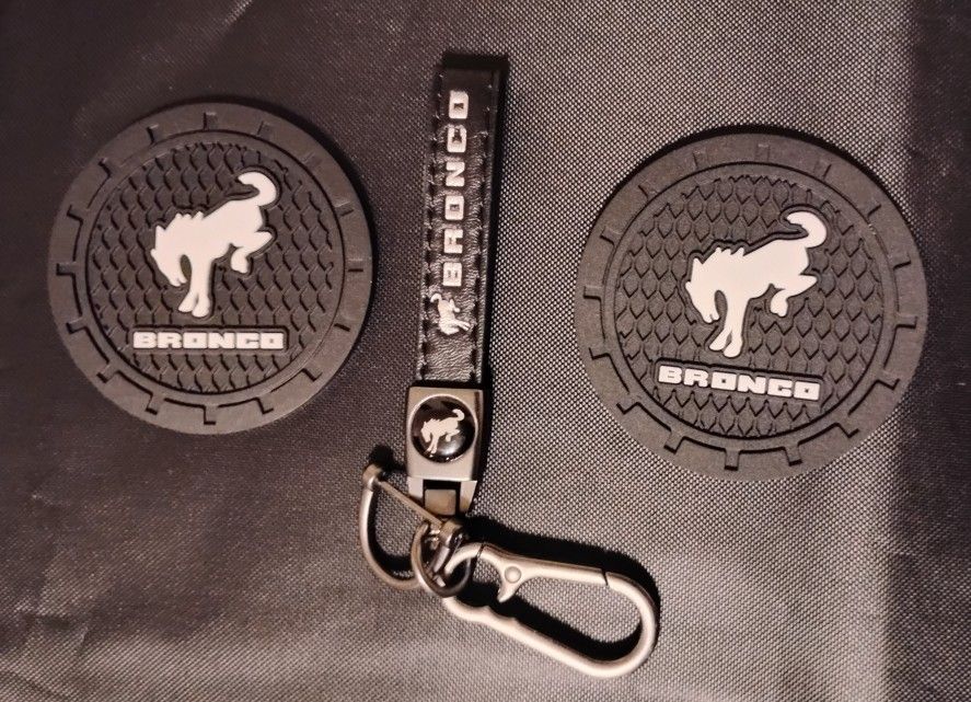 Bronco Keychain and Cup Holder Coasters NEW