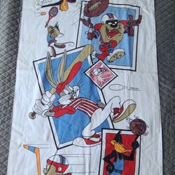 Vintage 1993 Looney Tunes Beach Towel feat. Bugs Bunny, Daffy Duck, Taz, & Other Characters Playing Various Sports