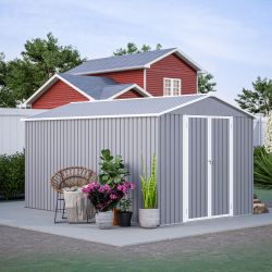 8 x 12 FT Outdoor Storage Shed, Large Metal Tool Storage with Aluminium Frame and Lockable Doors, Storage for Backyard Garden Patio Lawn, Grey
