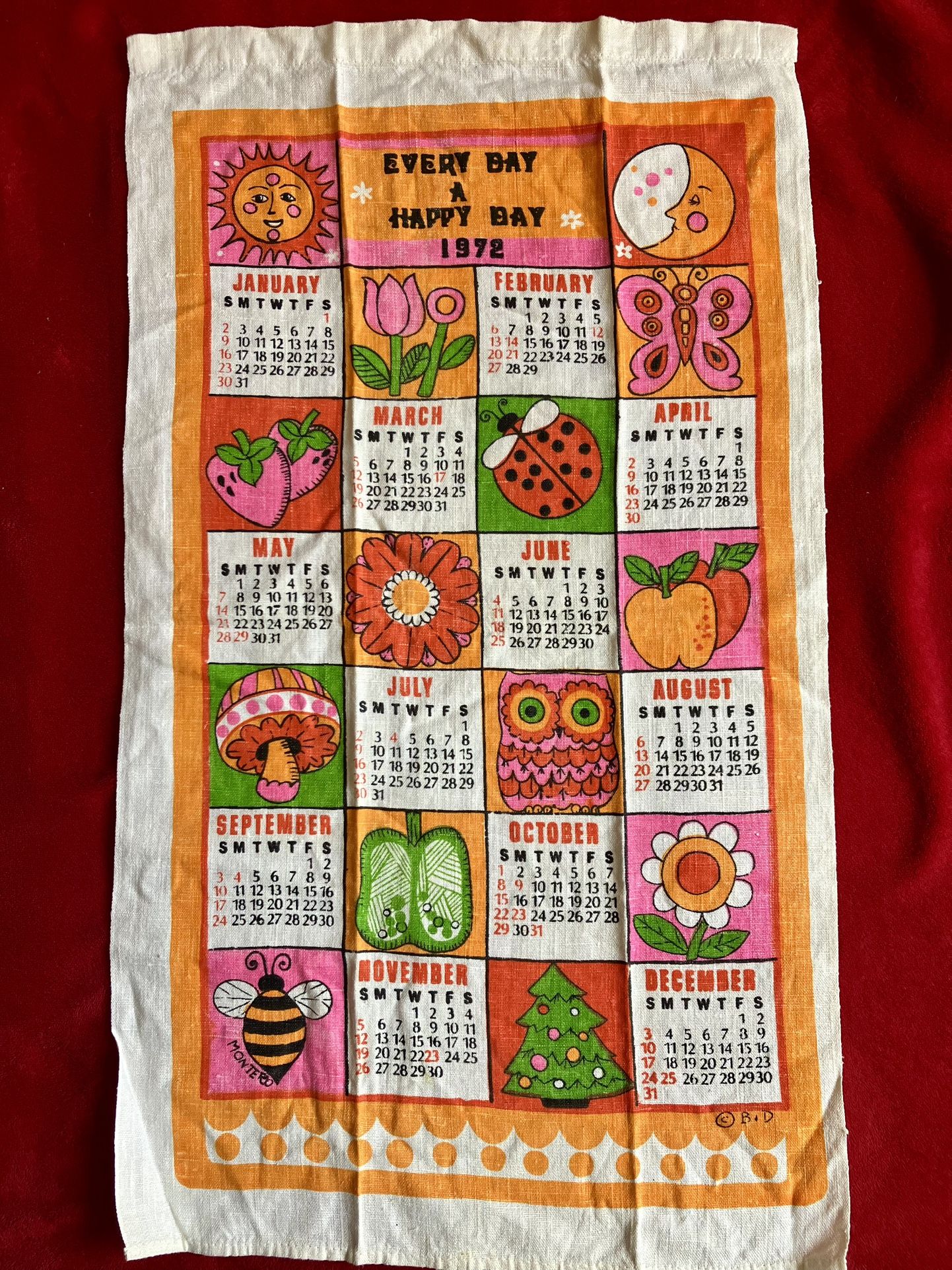 VINTAGE - NEW - LINEN CALENDAR 1972 ORANGE KITCHEN TEA TOWEL - 15.5"W x 27"H ‼️ See MORE Collection Here ‼️