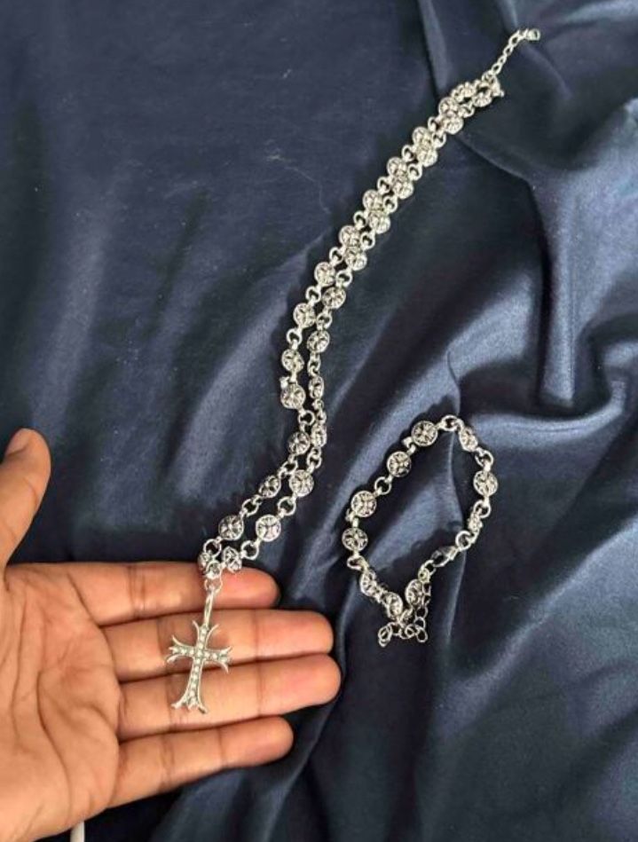 Silver rosary necklace and bracelet set 