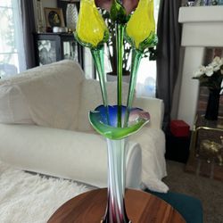 Vintage Jack In The Pulpit Tulip Vase With 3 Art Glass Flowers