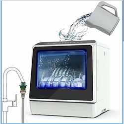 Portable Countertop Dishwasher with 5 Programs, 3-Cup Water Tank, Fruit/Veg Basket, High Temp, Air Dry