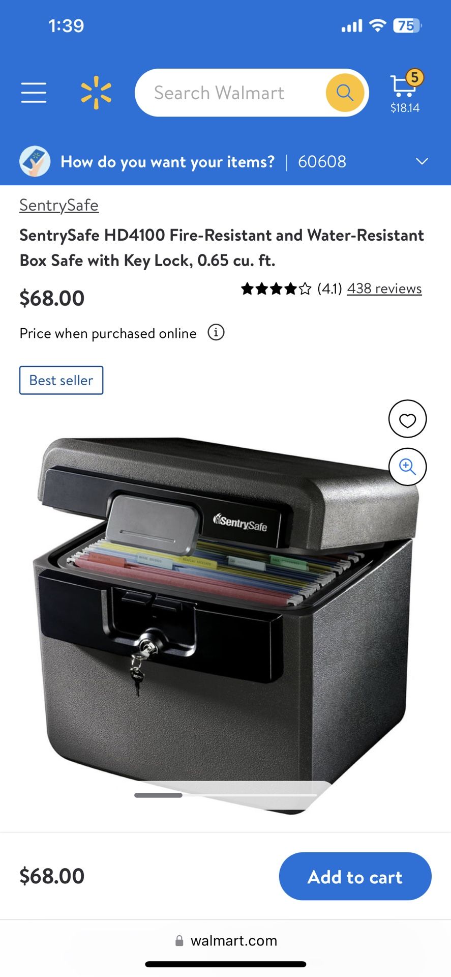 SentrySafe SentrySafe HD4100 Fire-Resistant and Water-Resistant Box Safe with Key Lock, 0.65 cu. ft.