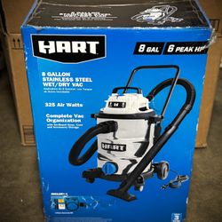 Brand New HART 8 Gallon 6 Peak HP Stainless Steel Wet/Dry Vacuum