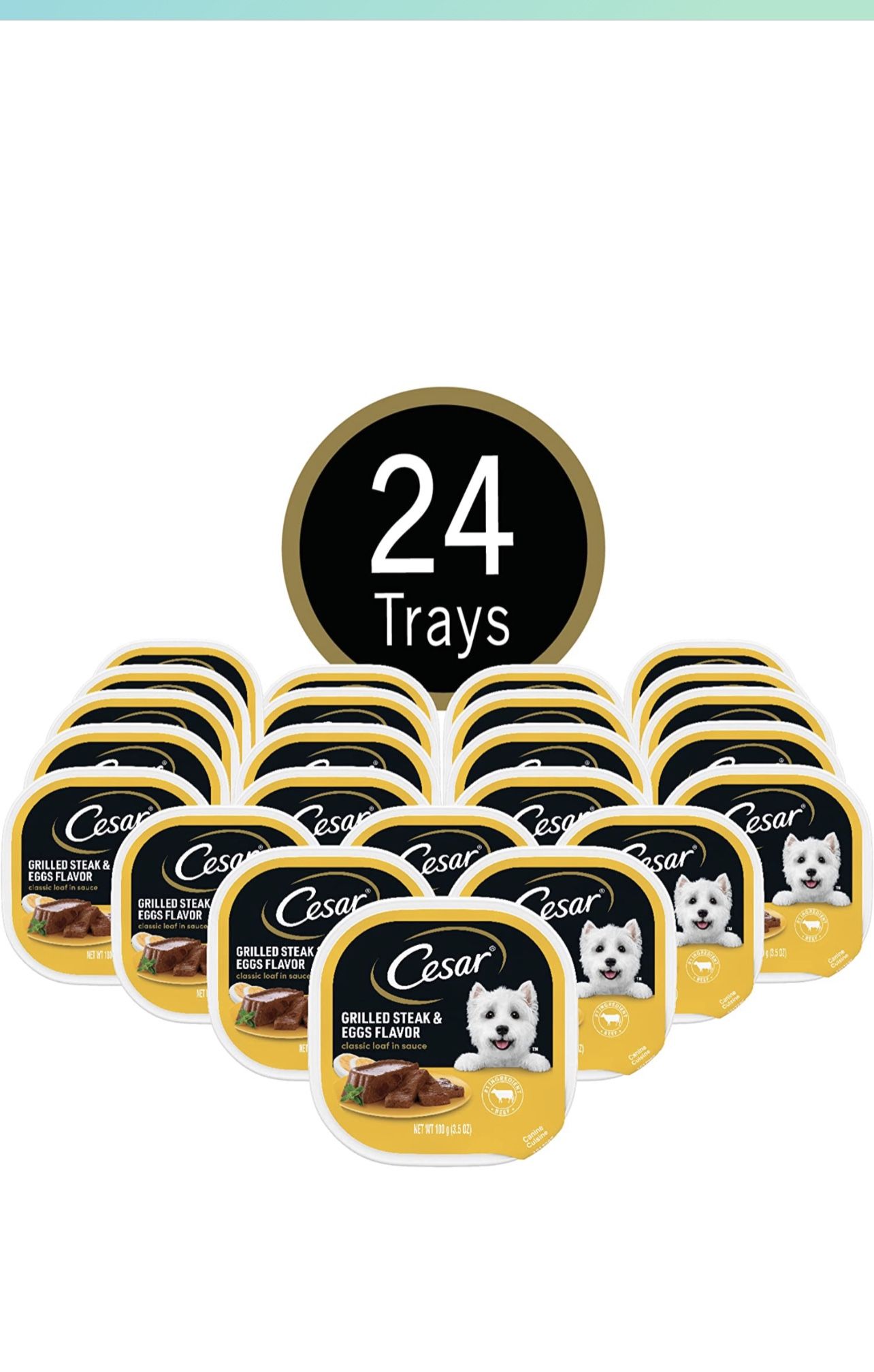 Contains twenty-four (24) 3.5 oz. easy peel trays of CESAR Wet Dog Food Classic Loaf in Sauce Grilled Steak and Eggs Flavor 