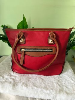 Red and Tan Leather Tote Handbag