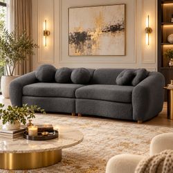 88" Gray Modern Curved Teddy Sectional Sofa  w/ 5 Decorative Pillows [NEW] **Retails for $1052