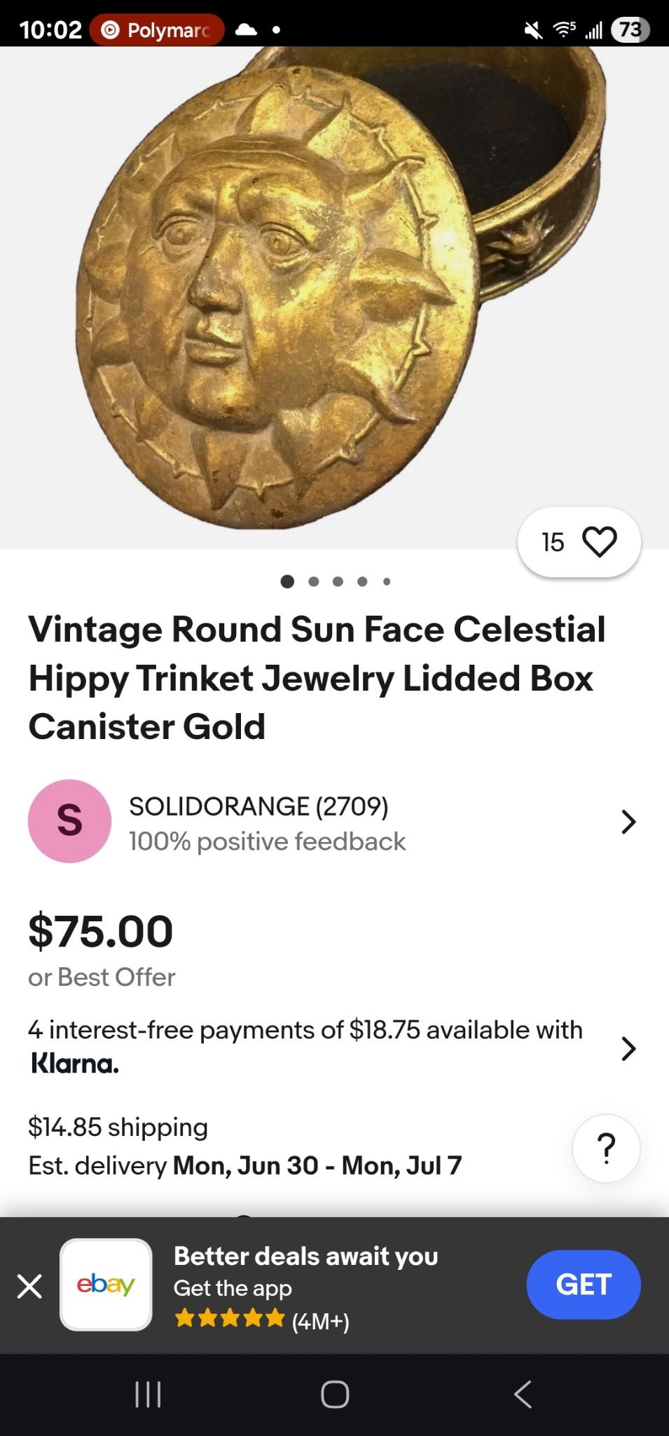 Vintage Round Sun Face Celestial Hippy Trinket Jewelry Lidded Box Canister Gold