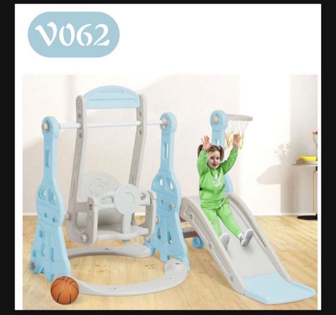 Ealing Toddler Slide Swing Set for Age 1-3 Indoor Baby Swing Toys Playset with Climber&Basketball Hoop,Blue(V062)