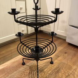 Two Tiered Black All Wrought Iron Tabletop Stand With Two “Baskets” And 6 Candle Holders .  
