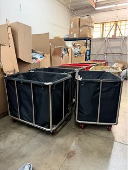 Commercial Laundry Cart with Wheels, 11.40 Bushel Large Laundry Rolling Bins with Removable Waterproof Canvas Lining Basket, Heavy Duty Stainless Stee