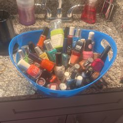 Bowl of 50 Assorted Nail Polishes W/ Manicure Set