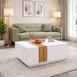 35” White  Modern Coffee Table with Faux Marble and Walnut Wood Grain Finish, Rectangular Center Table with 2 Storage Drawers [NEW] **Assembly Req** 