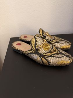 Gucci Brocade Horsebit Princetown Mules Gold Black Floral – Size 37.5