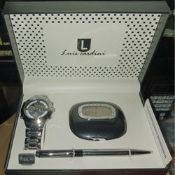 NEW IN BOX LUIS CARDINI MEN'S WATCH, PEN & CLOCK SET PAID $200