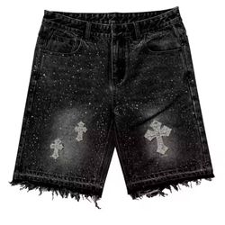 Vintage Cross Rhinestone Denim Shorts 