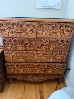 Hand-Carved Balinese Dresser & Chest Set — Solid Wood, Intricate Relief Carving