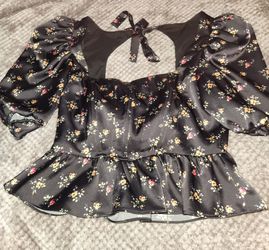 Black Floral Satin Puff Sleeve Peplum Top