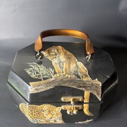 Rare - 1960’s wood purse - exotic big cat decoupage