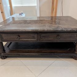 Carved Wood Base Faux Marble Coffee Table!