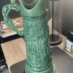 Art Nouveau Figural Woman Handle Pottery Ewer Pitcher 17.25” Signed Stein