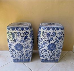 Pair Vintage White & Blue Floral Vine Garden Stool,19" H x 10" W.
