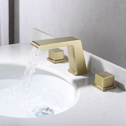 Brushed Gold waterfall bathroom sink fauct two handles 3 holes with pop up overflow brass drain