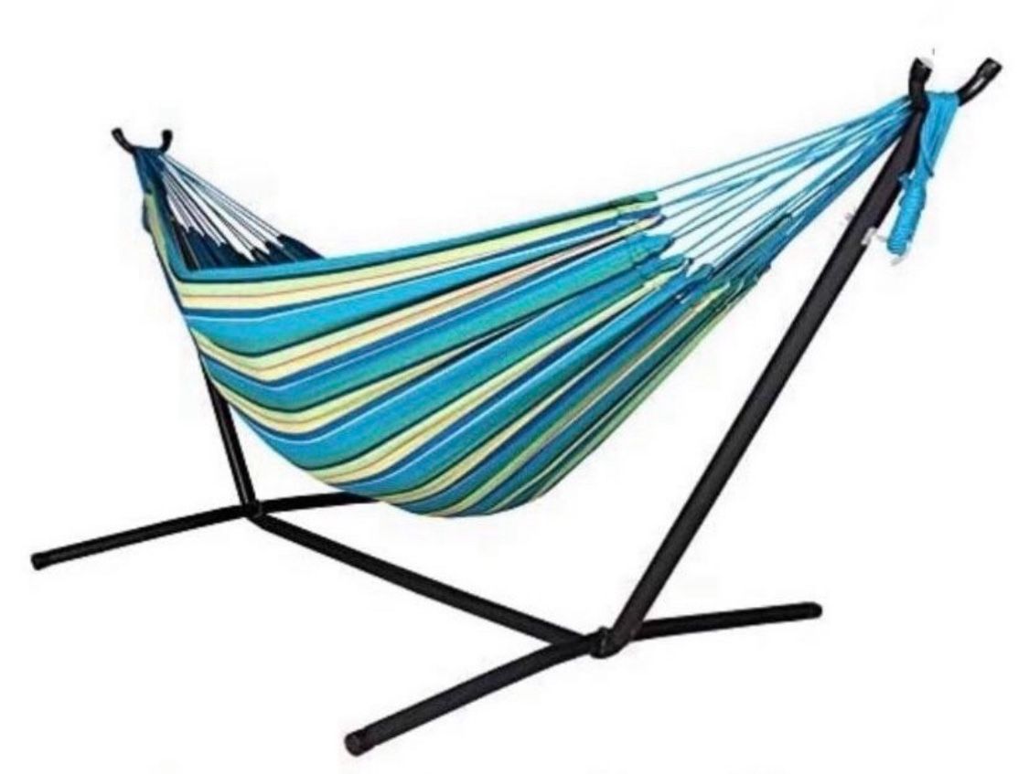 Lazy Daze Hammocks Brazilian-Style Double Cotton Hammock with 9FT Space Saving Steel Stand Includes Portable Carrying Bag ，450 lbs Cap