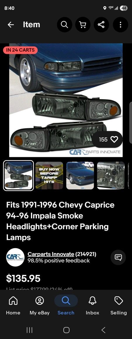 Fits Chevy Caprice 94to96 Impala Smoke Headlights+Corner Parking Lamps
