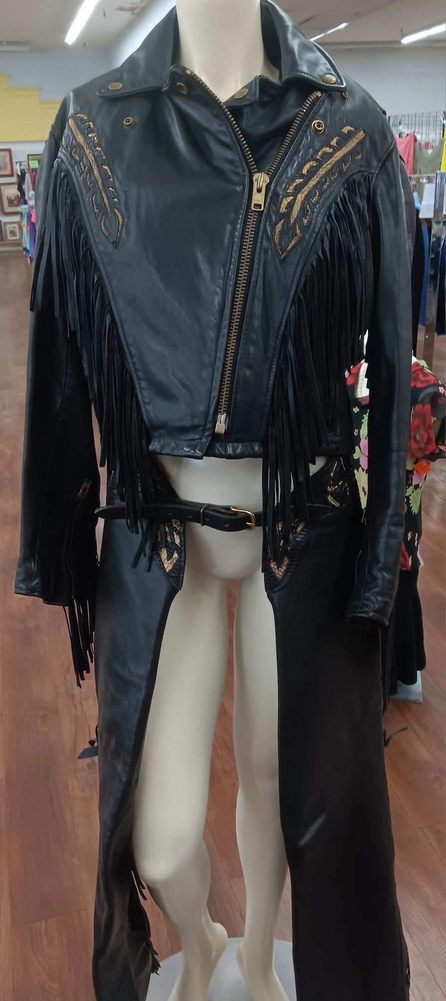 Three Piece Leather Chaps Jacket And Vest With Snake Inlay Size Small