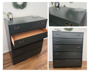 Mid-Century Modern Chest of Drawer | Dark Green & Brass Pulls