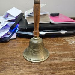 Brass School Bell With Wood Handle Vintage