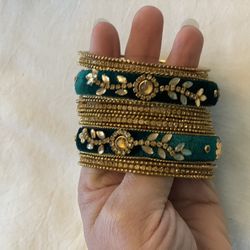 Indian Velvet Multi-Color Fancy Bridal Wedding Fashion Bangle Set 14ps Dark Cyan Color