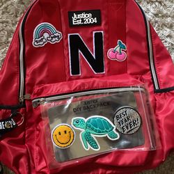 Justice Red Initial N Patch Backpack, New!