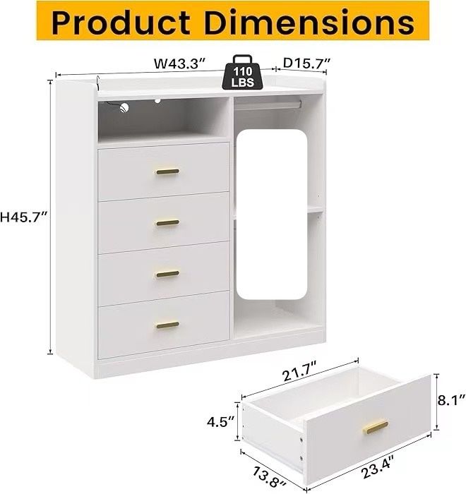 🥨Dresser with Clothes Rack for Bedroom Wood, 4 Drawer Dresser White with LED Lights, Tall Storage Chest of Drawers with Flexible Shelf,White