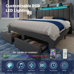 Full Size Bed Frame with 2-Tier Storage Headboard & 2 Large Drawers Fabric Upholstered Full Platform Bed Frame with LED Lights, Charging Station, Nois