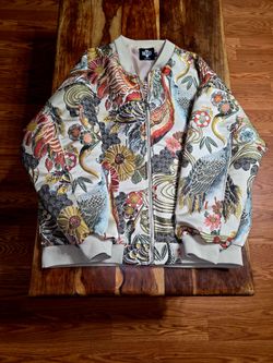 Men's Embroidered Cream Japanese Tapestry Style Artwork Covered Jacket
