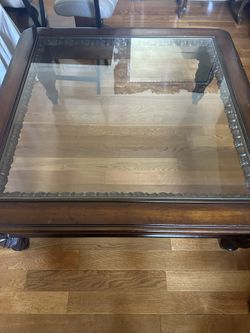 Old Square Dark Wood Table With Glass Insert