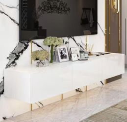 White Wood Entertainment Center with LED Light and 3 Drawers Fits TV's up to 70 in （KF260076US-01AA-001)