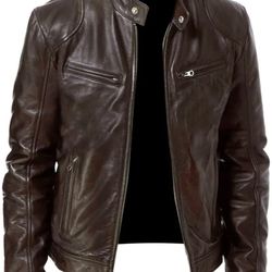 Men's EX-STRECH Faux Leather Motorcycle Jacket - Brown PU Leather, Zipper Closur