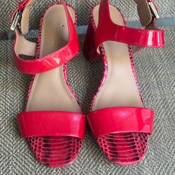 Calvin Klein Cimi Red Patent Open Toe Block Heel Sandals | 6.5