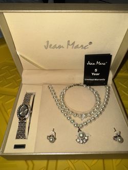 NEW JEAN MARC Pearl Rhinestone Earrings Necklace Bracelet Watch Jewelry Set NIB