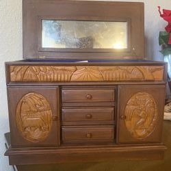 Vintage Antique Brown Wooden Jewelry Box Chest Drawer Lid Mirror