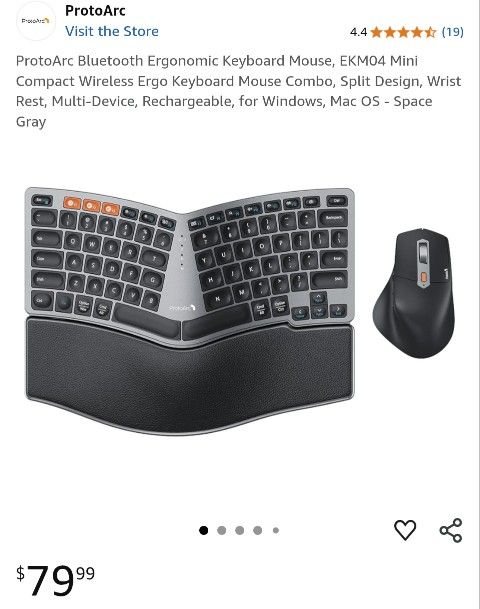 ProtoArc Bluetooth Ergonomic Keyboard Mouse, EKM04 Mini Compact Wireless Ergo Keyboard Mouse Combo, Multi-Device, Rechargeable