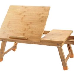 Laptop Desk Nnewvante Table Adjustable 100% Bamboo Foldable Breakfast Serving Bed Tray w' Tilting Top Drawer