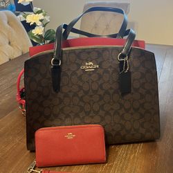 Coach Brown and Black Signature Tote Bag w/Long Zip Around Wallet, Red